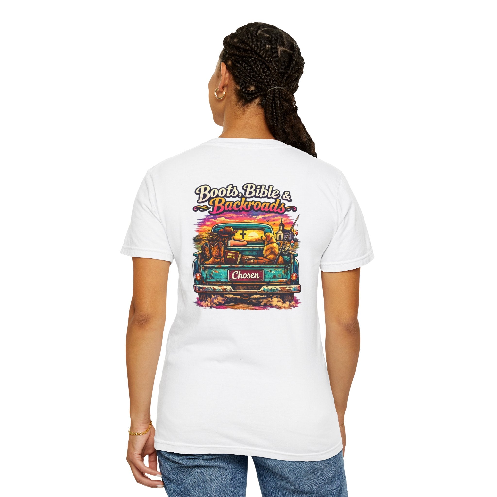 "Boots, Bible & Backroads" Comfort Colors Tshirt