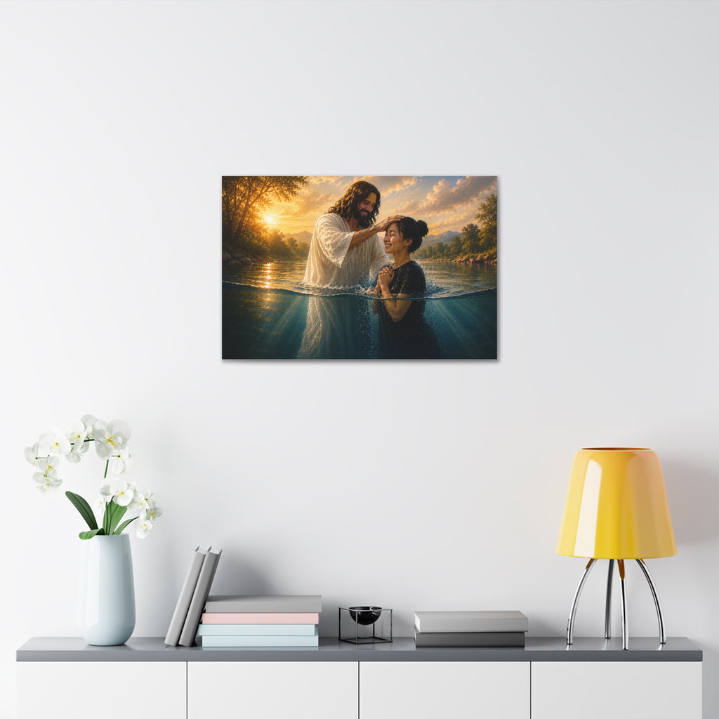 Asian Woman Baptism of Faith Canvas Stretched Print