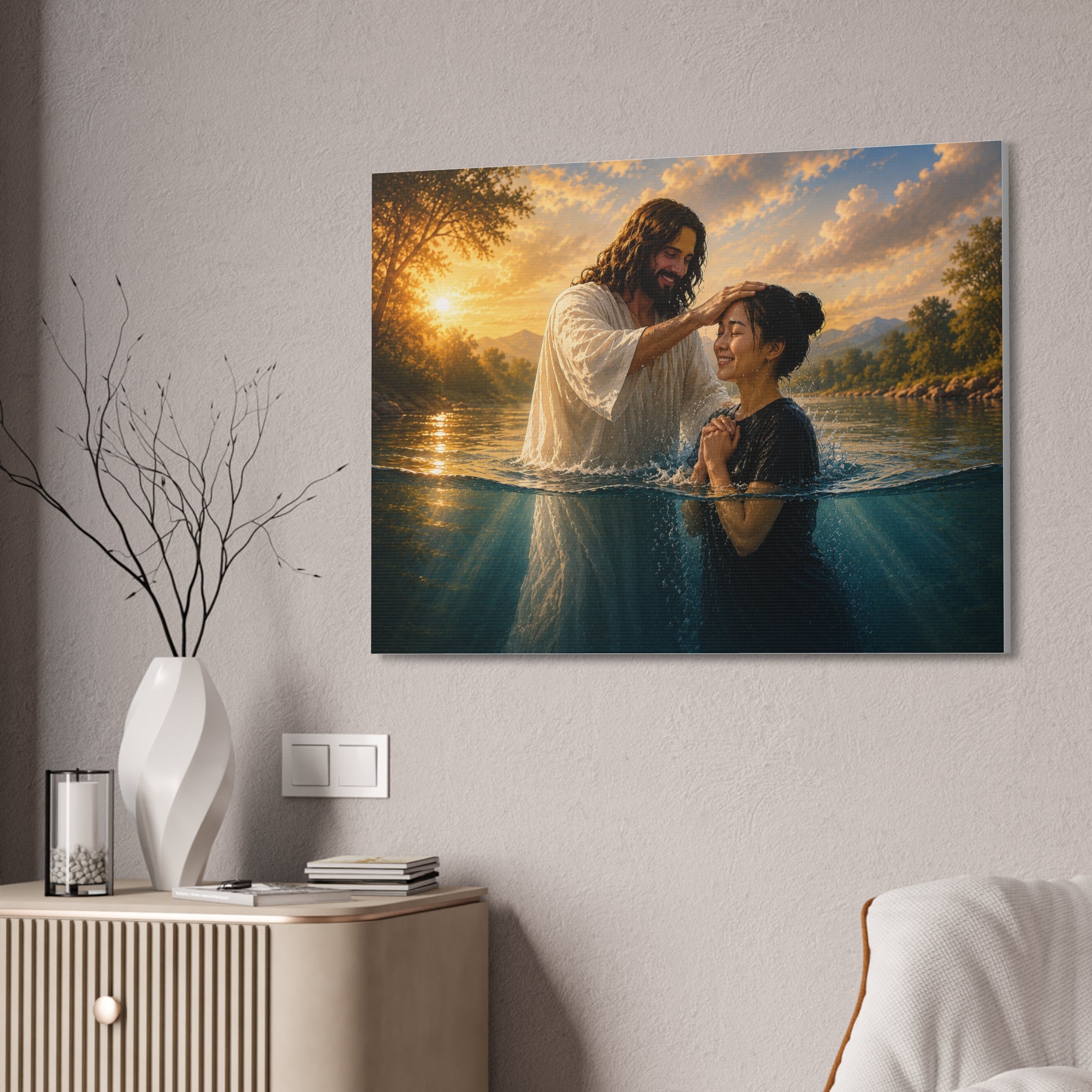 Asian Woman Baptism of Faith Canvas Stretched Print