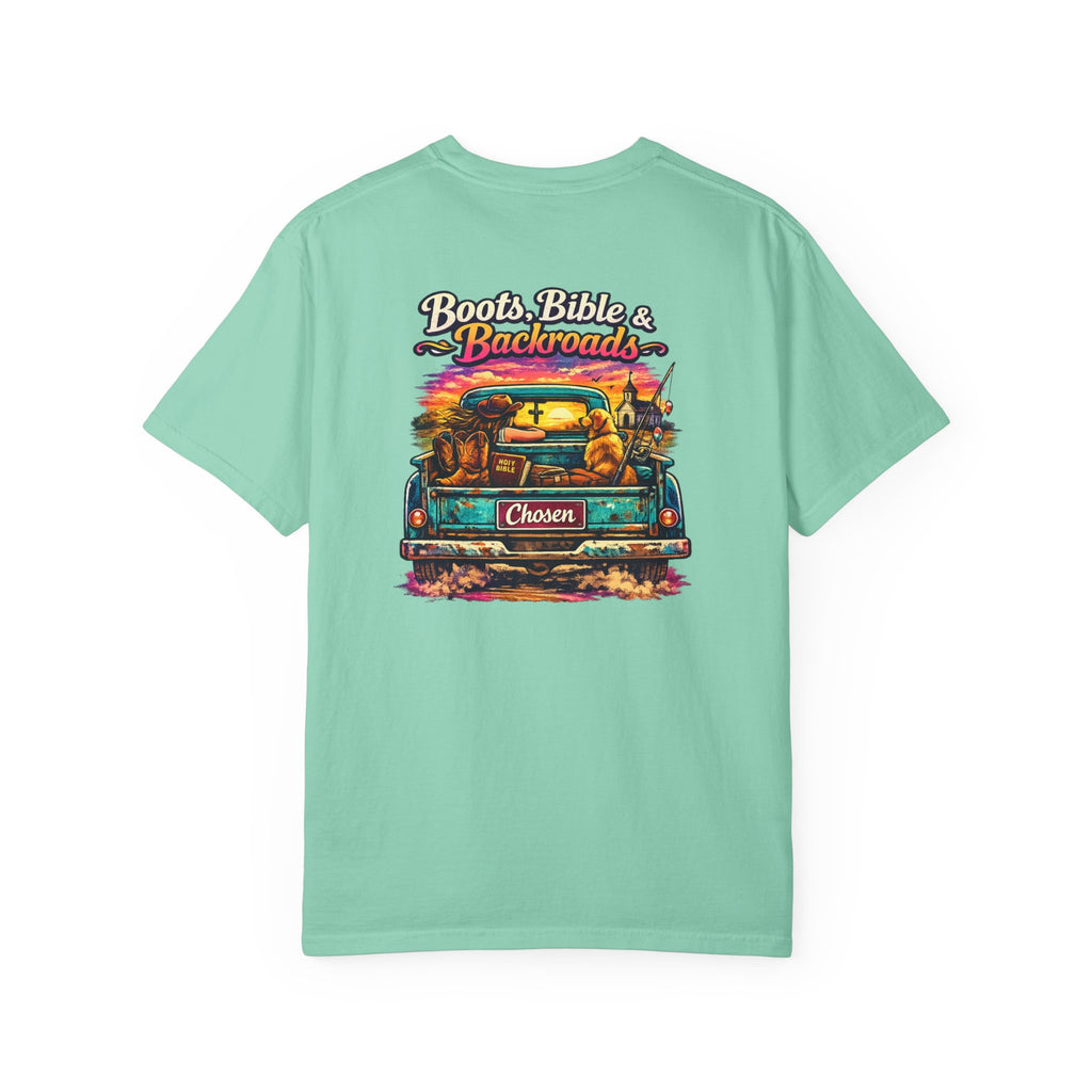 "Boots, Bible & Backroads" Comfort Colors Tshirt