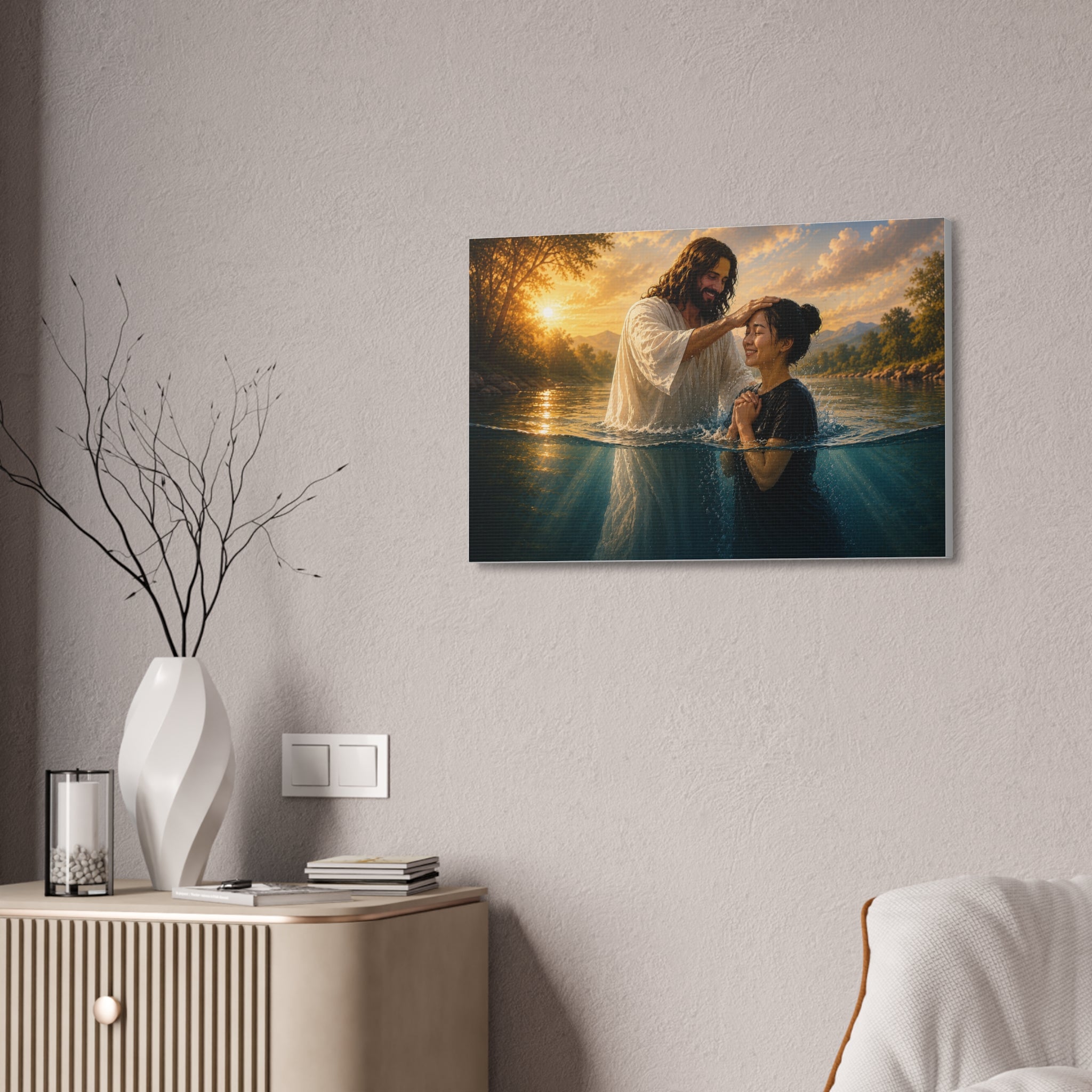 Asian Woman Baptism of Faith Canvas Stretched Print