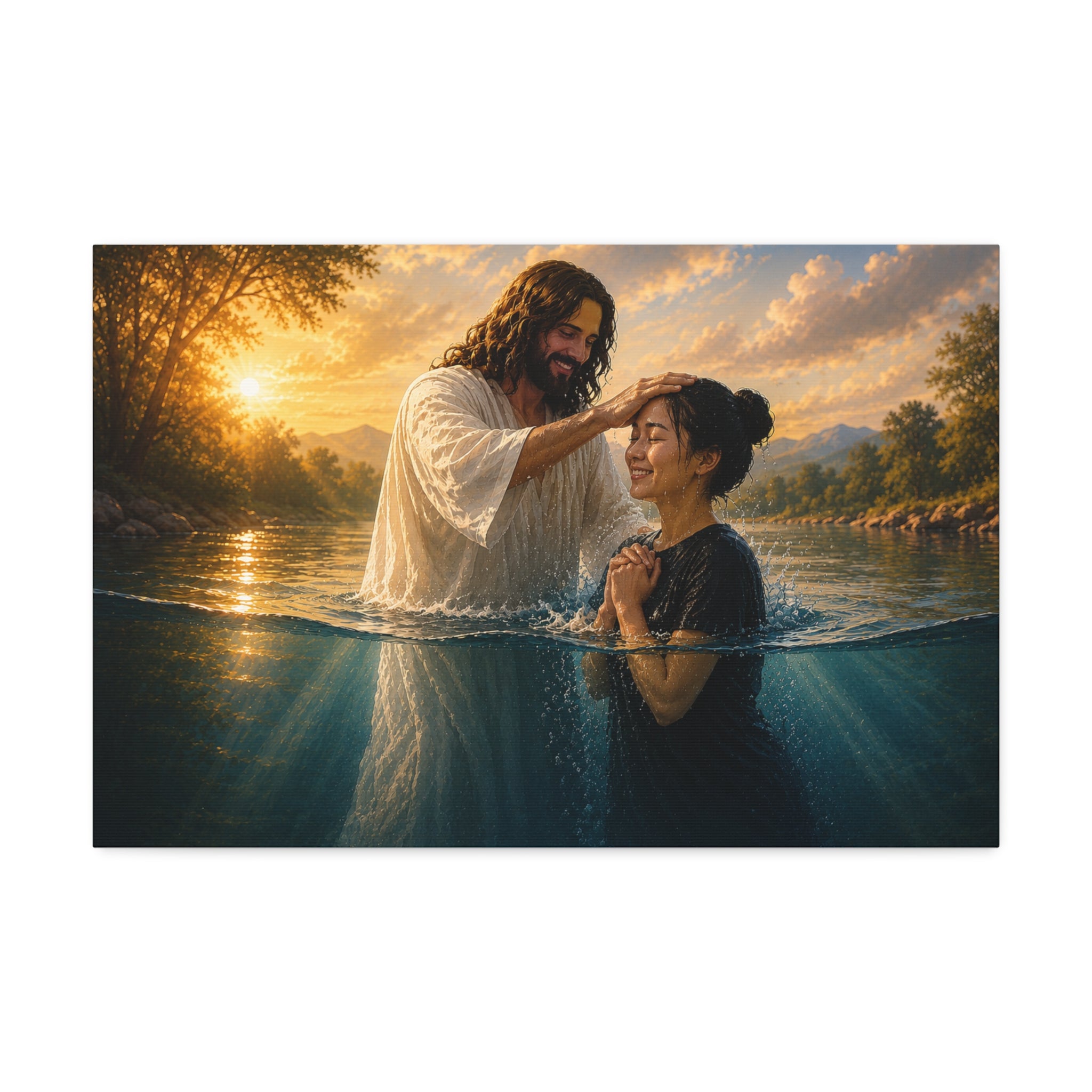 Asian Woman Baptism of Faith Canvas Stretched Print