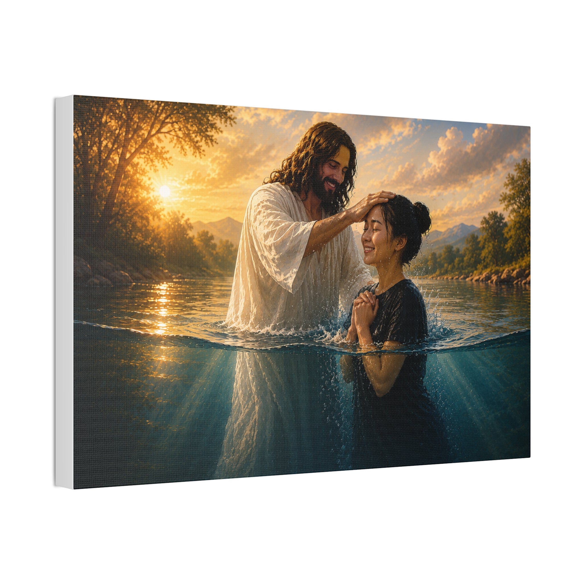 Asian Woman Baptism of Faith Canvas Stretched Print