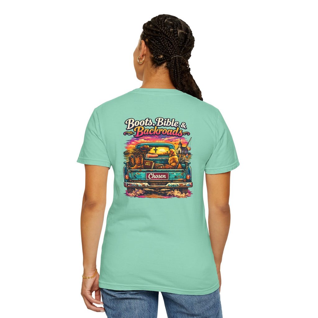 "Boots, Bible & Backroads" Comfort Colors Tshirt