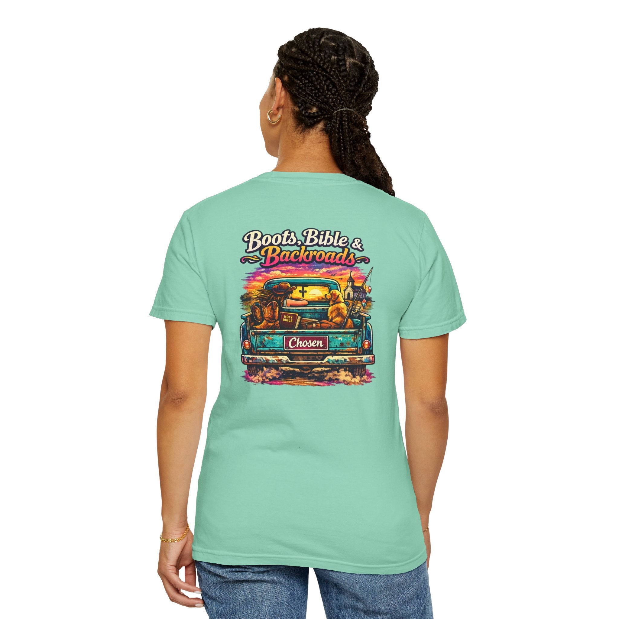 "Boots, Bible & Backroads" Comfort Colors Tshirt