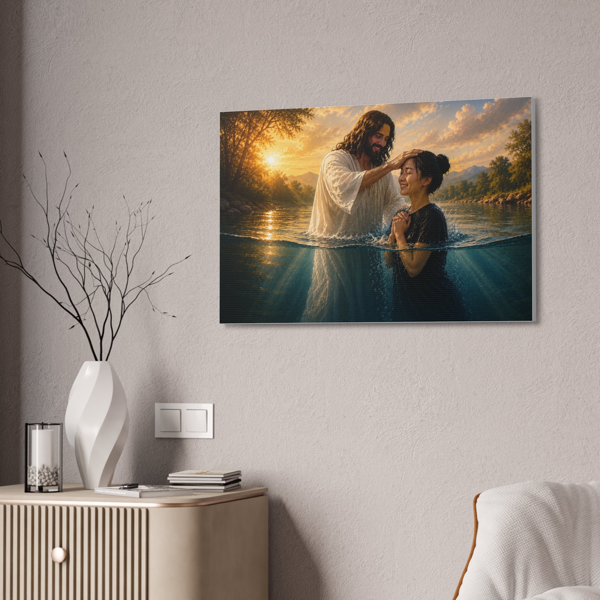 Asian Woman Baptism of Faith Canvas Stretched Print