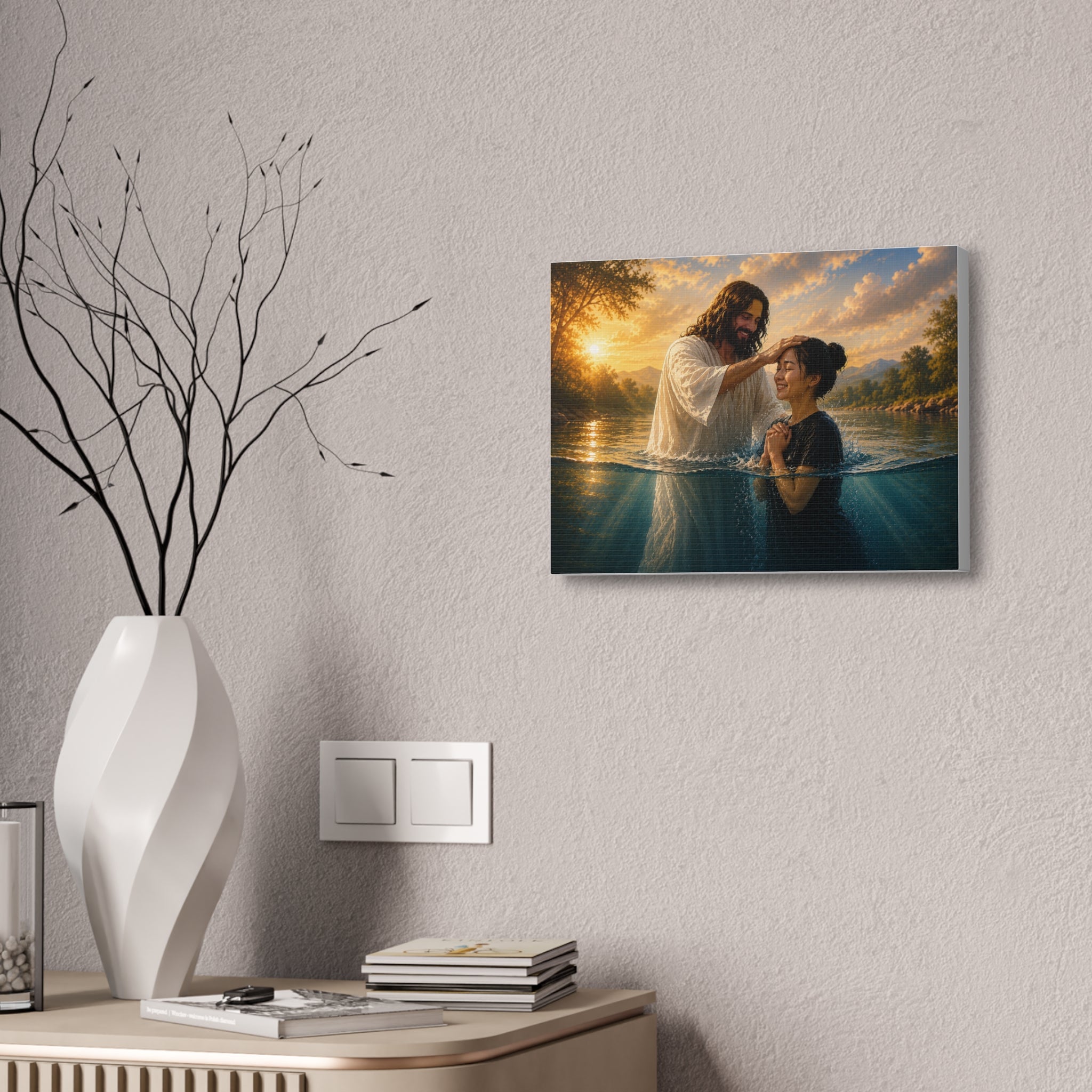 Asian Woman Baptism of Faith Canvas Stretched Print