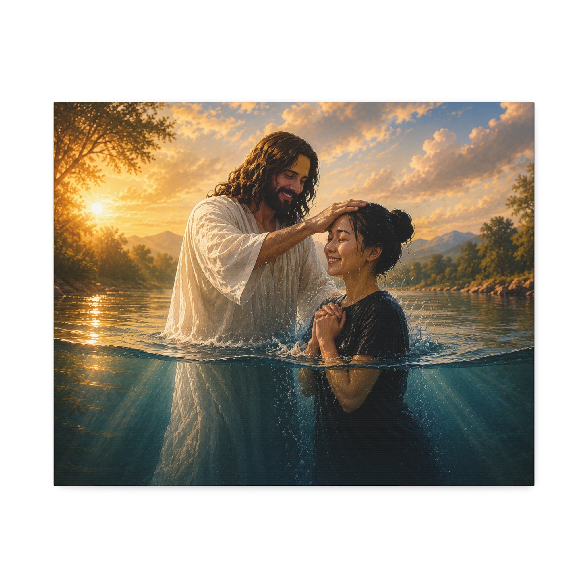 Asian Woman Baptism of Faith Canvas Stretched Print