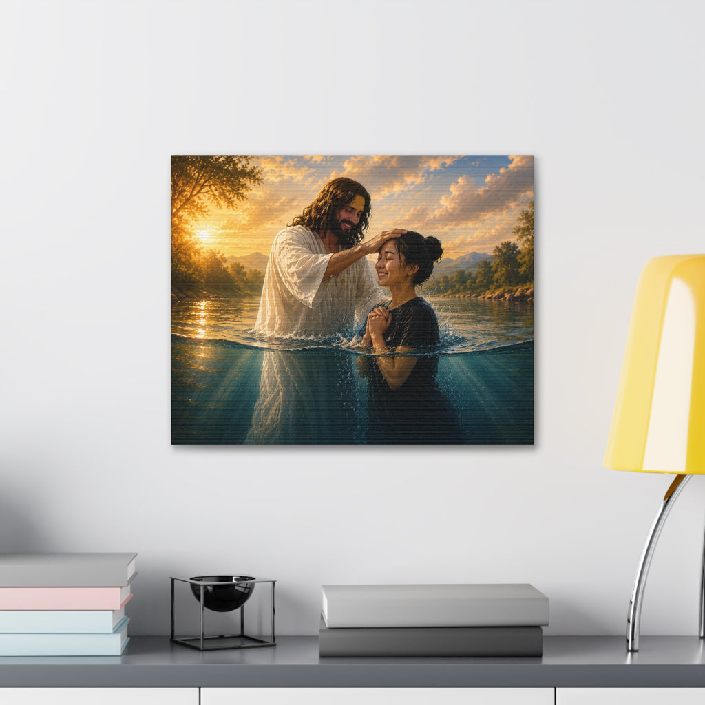 Asian Woman Baptism of Faith Canvas Stretched Print