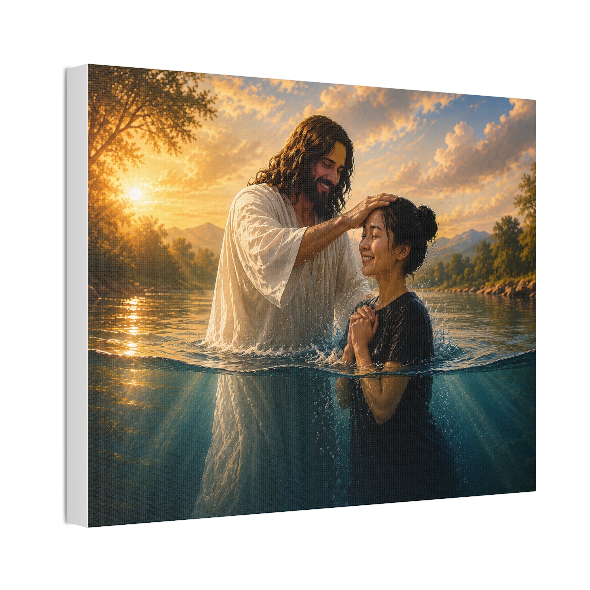 Asian Woman Baptism of Faith Canvas Stretched Print