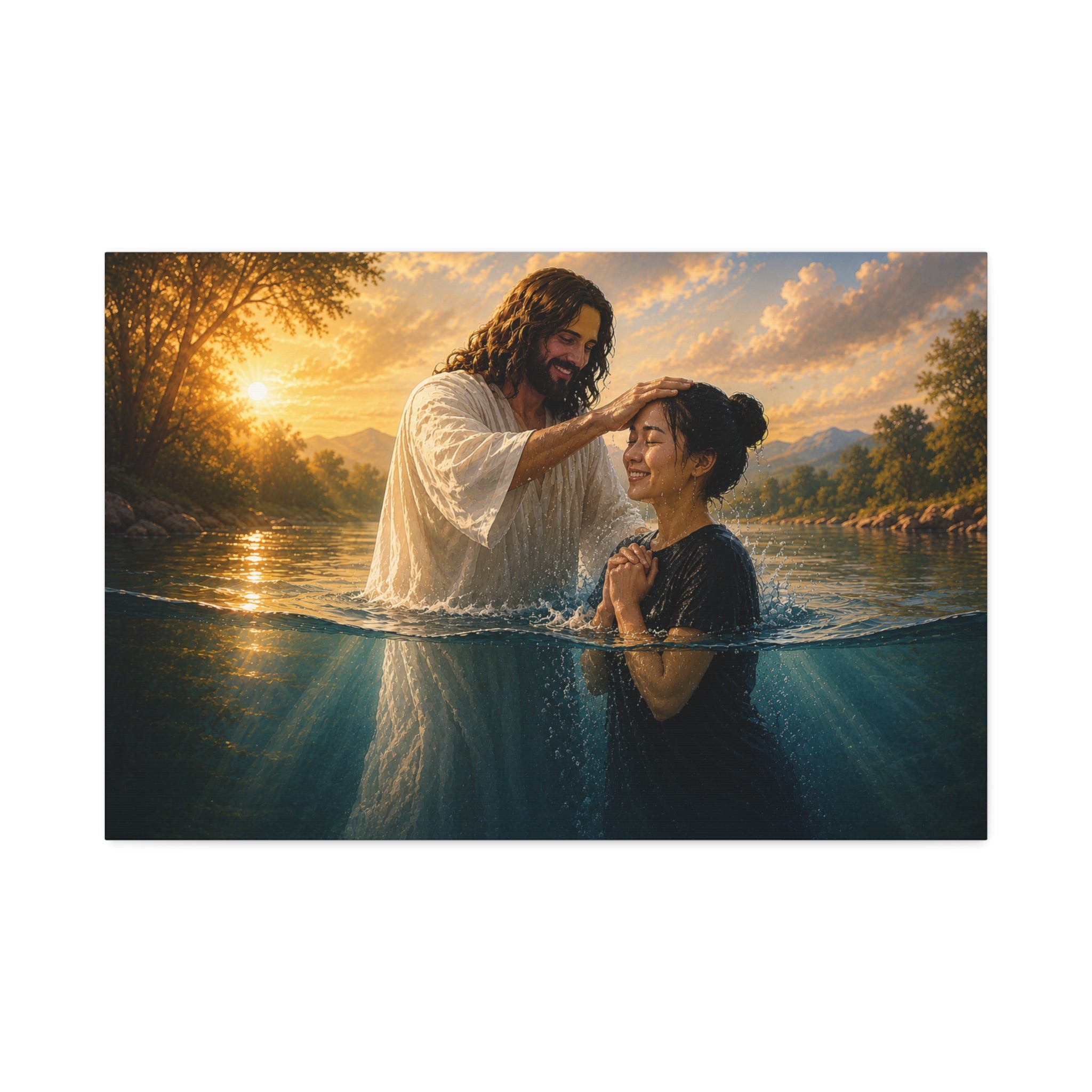 Asian Woman Baptism of Faith Canvas Stretched Print