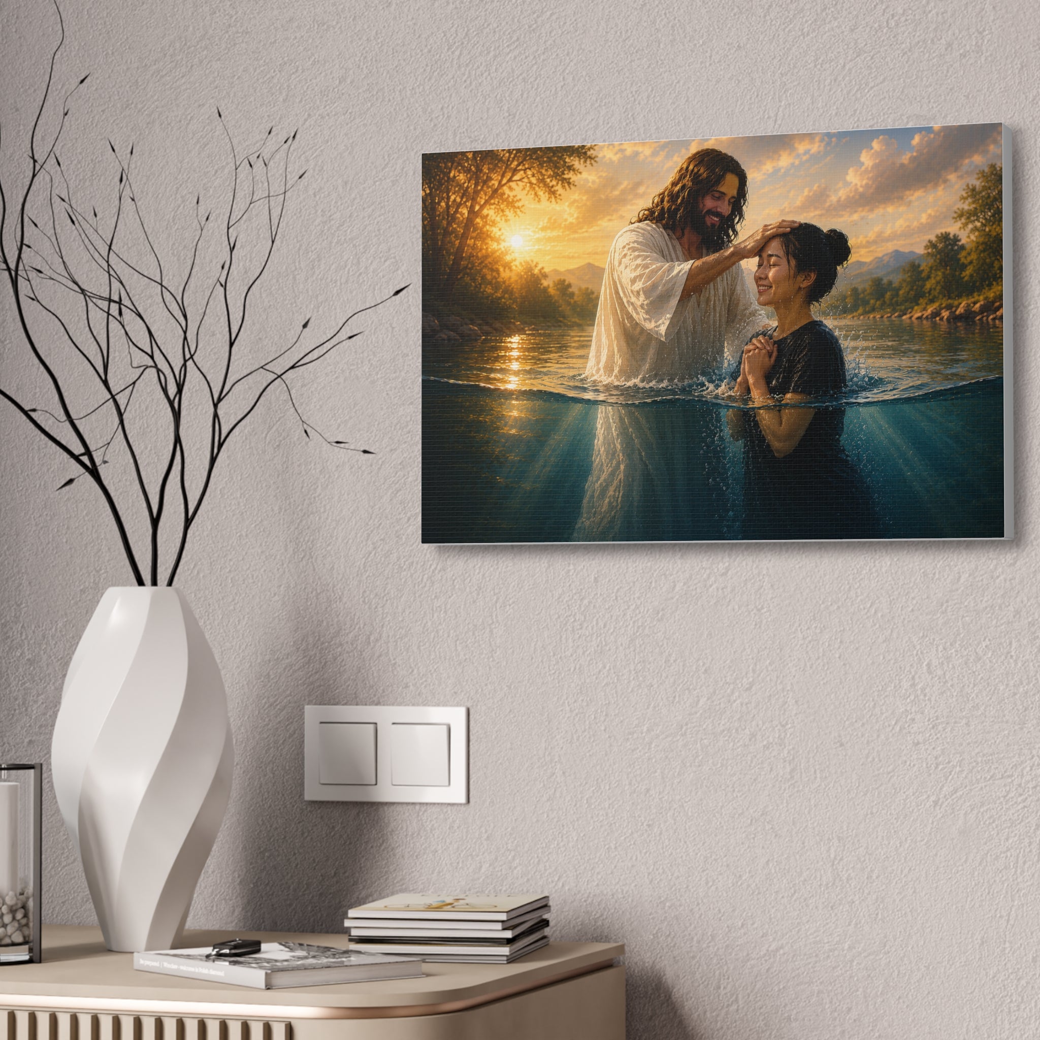 Asian Woman Baptism of Faith Canvas Stretched Print