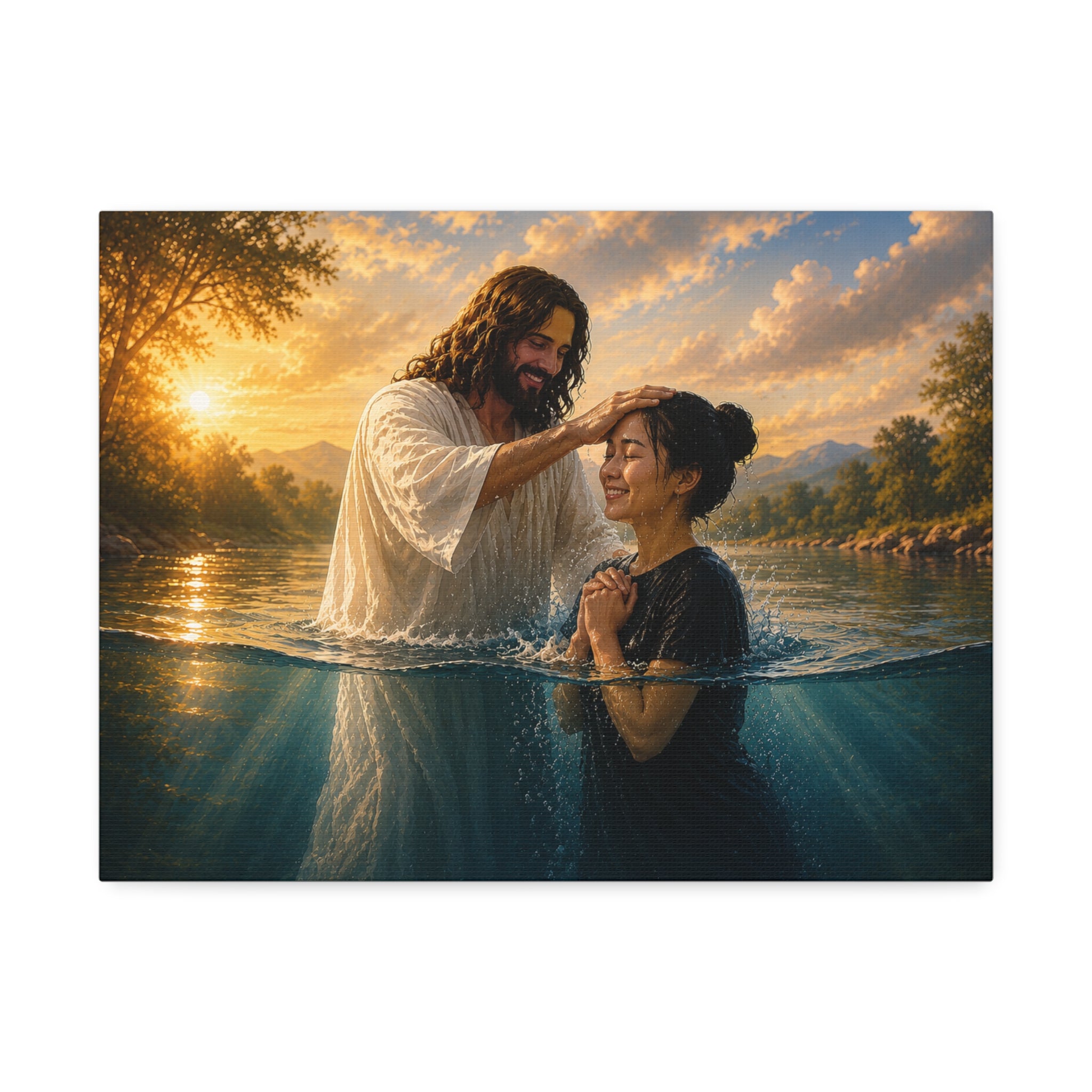 Asian Woman Baptism of Faith Canvas Stretched Print