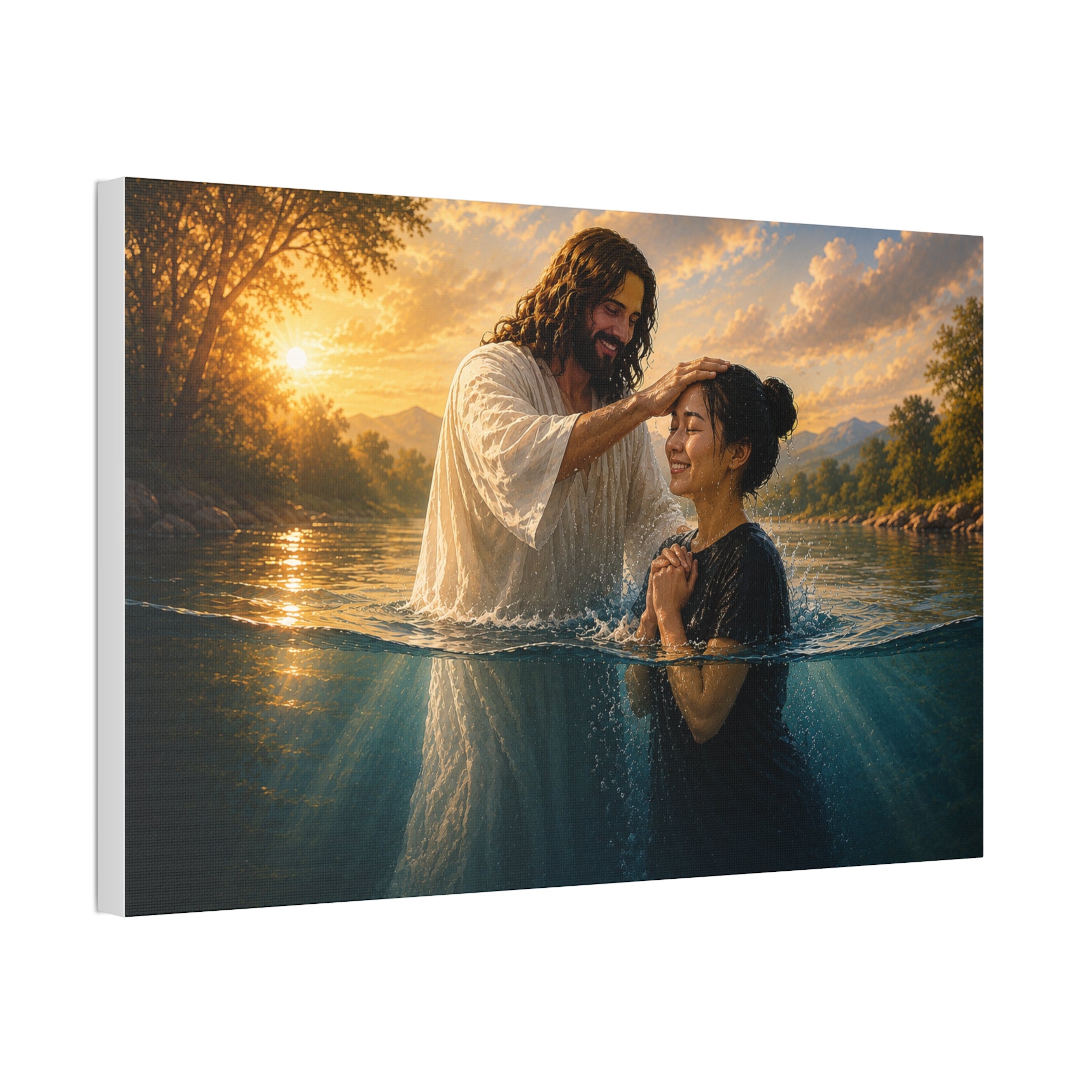 Asian Woman Baptism of Faith Canvas Stretched Print