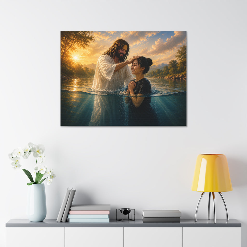 Asian Woman Baptism of Faith Canvas Stretched Print