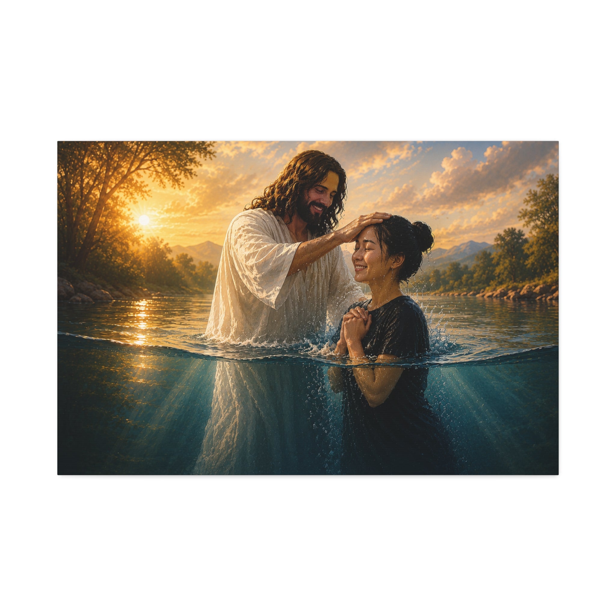 Asian Woman Baptism of Faith Canvas Stretched Print
